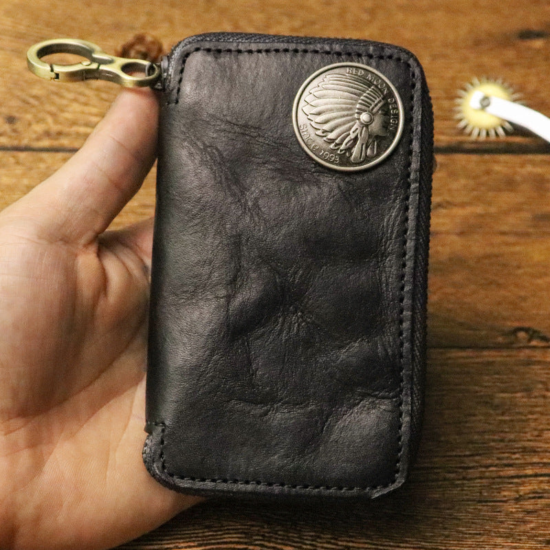 Genuine Vegetable Tanned Leather Key Pouch for Men Black