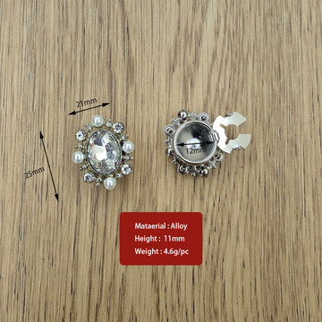 Rhinestone snap-on button set, clear oval with pearls and silver frame, 10-pack