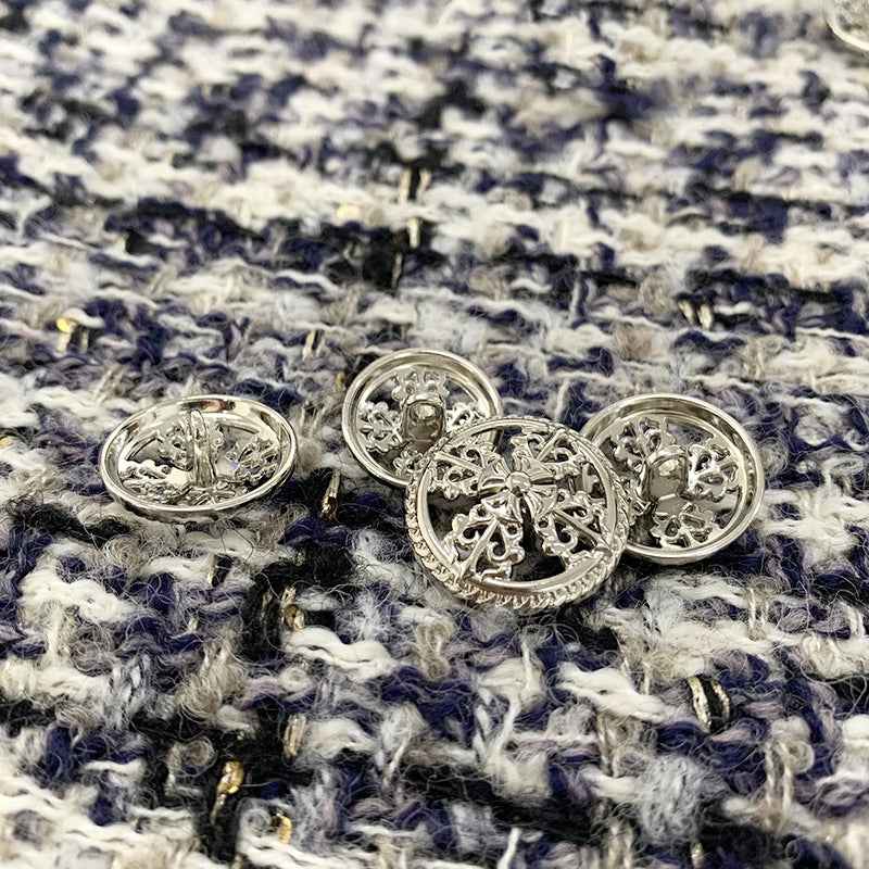 Round silver vintage hollow cross metal shank buttons, multiple buttons with filigree