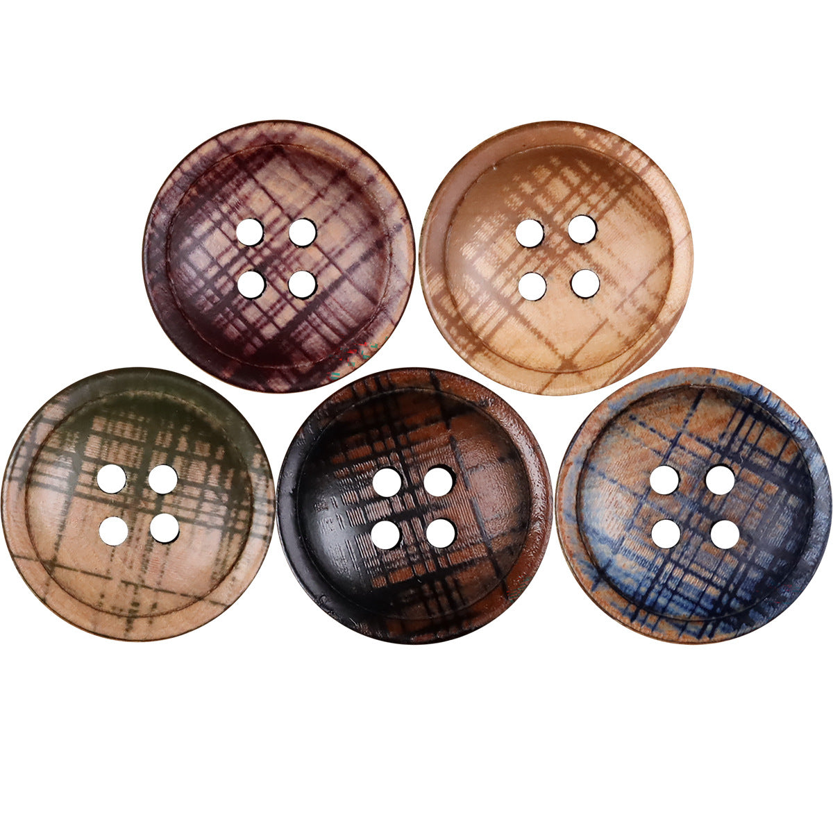 Assorted 4-hole round buttons, plaid fabric in purple, brown, green, black, and blue