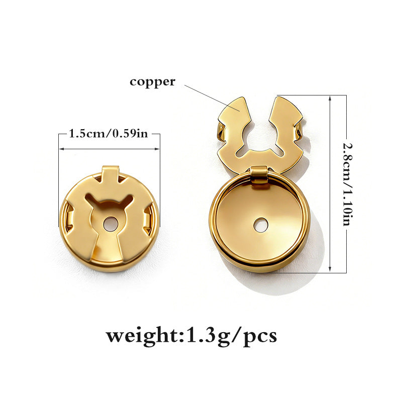 15mm brass snap buttons, gold-tone front with center hole and prong pieces