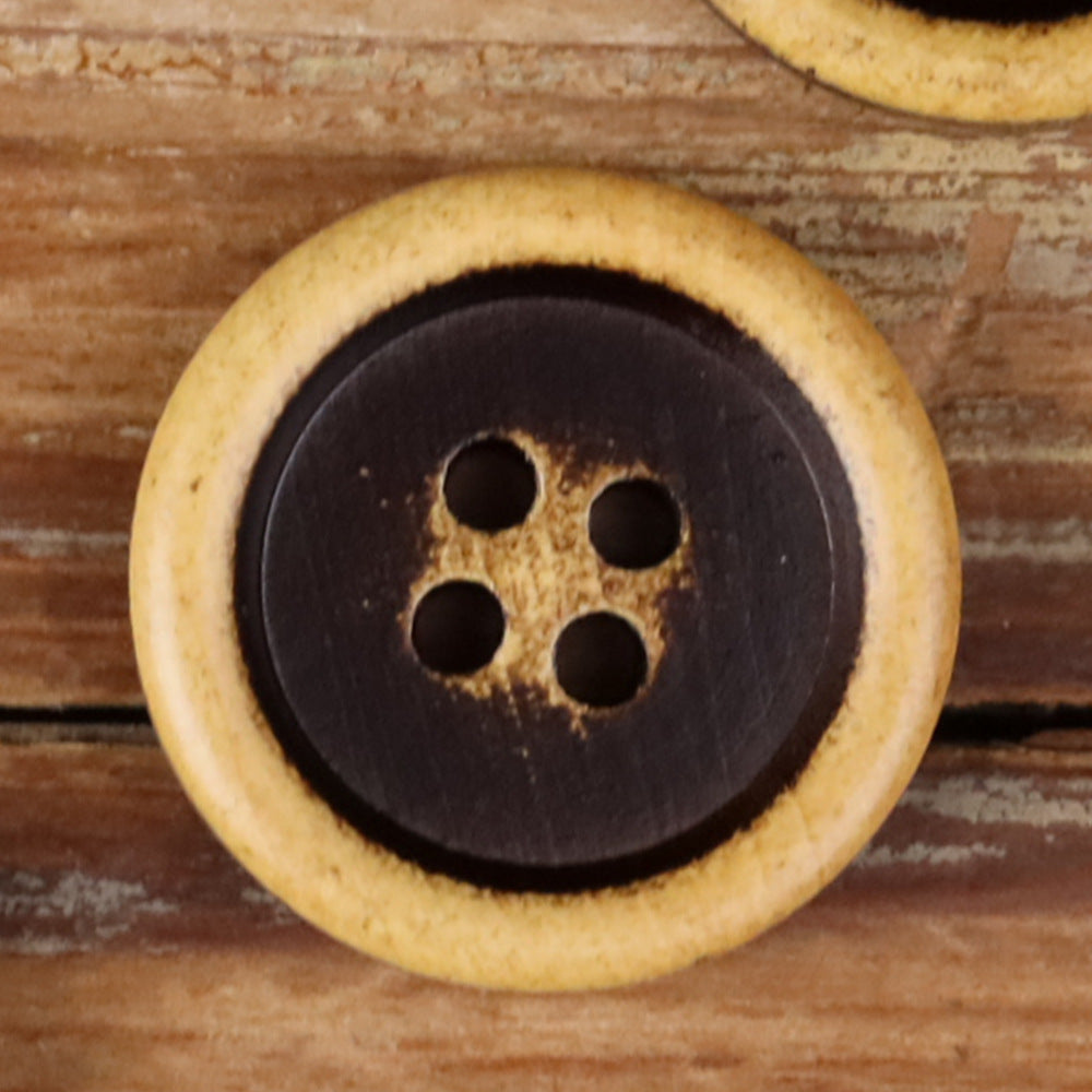 Round 4-hole wood button with black face and tan wood rim