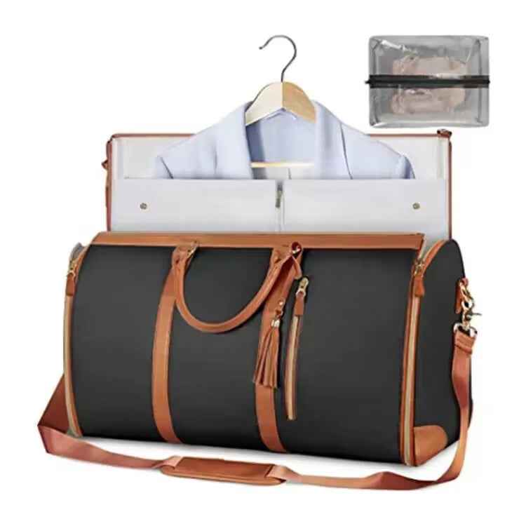 Large PU Leather Foldable Garment Duffle Travel Bag with Shoe Pouch Black Brown