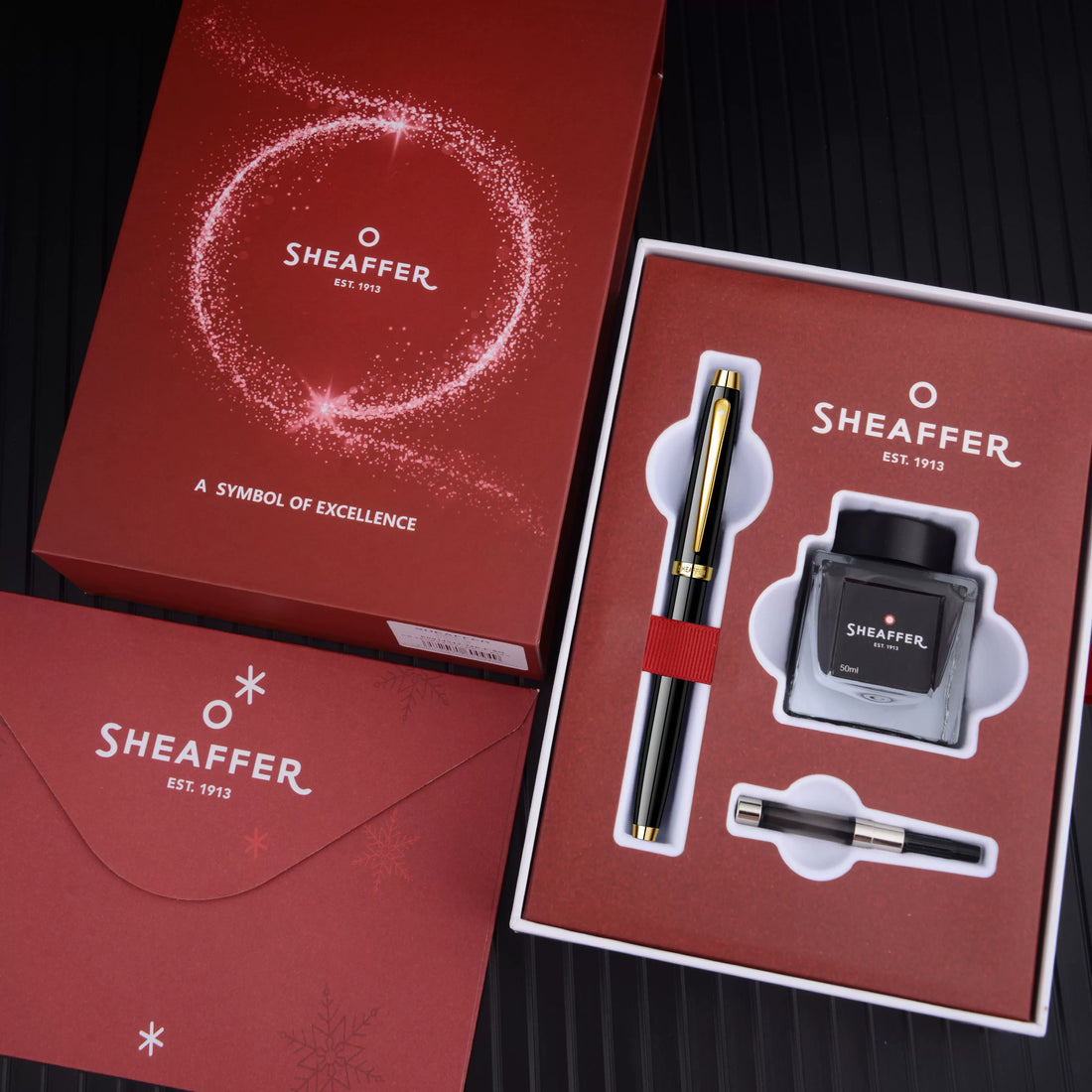 Sheaffer 100 Fountain Pen Gift Set – Fine Nib (~0.5mm), Gold Clip, Converter & Ink | Polished Chrome / Black Lacquer / Dark Blue-Grey Polished Chrome