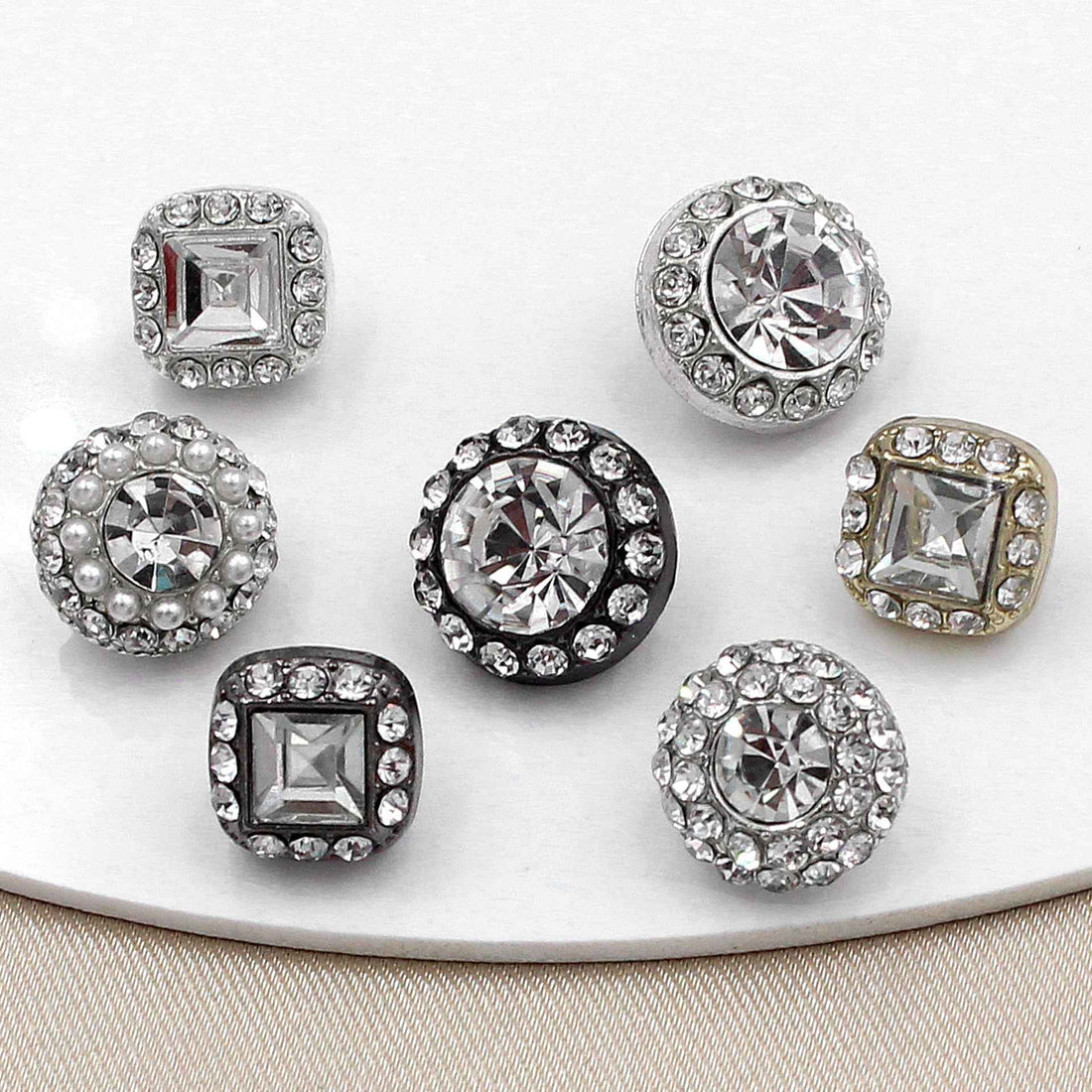 Round square crystal shank buttons, rhinestones and pearls, silver-tone finish set of 20
