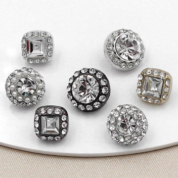 Round square crystal shank buttons, rhinestones and pearls, silver-tone finish set of 20