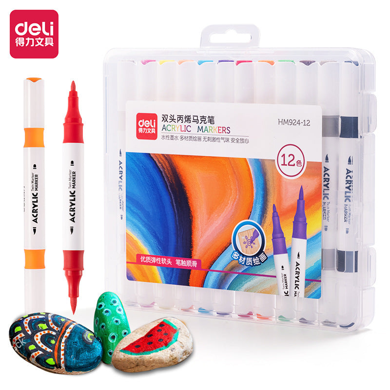 DELI 12/24/36/48 Colors Acrylic Paint Pens Brush Twin Markers 12 Color