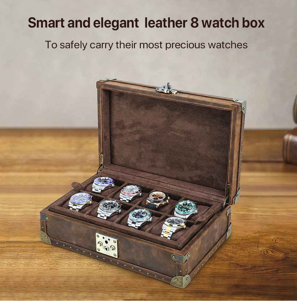 Luxury Handcrafted Genuine Leather Wooden 8-Piece Watch Box