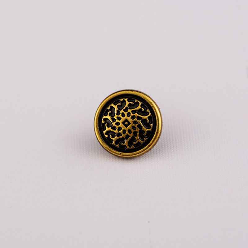 Antique bronze 10mm shirt button, round leopard-like pattern with dark inlay