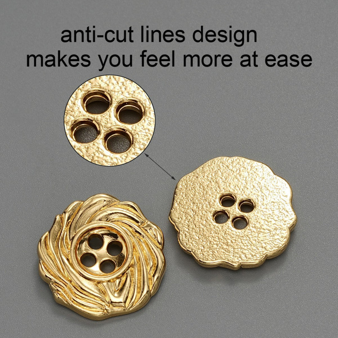 Metal spiral buttons set in gold and silver tones—round, 4-hole design, top view