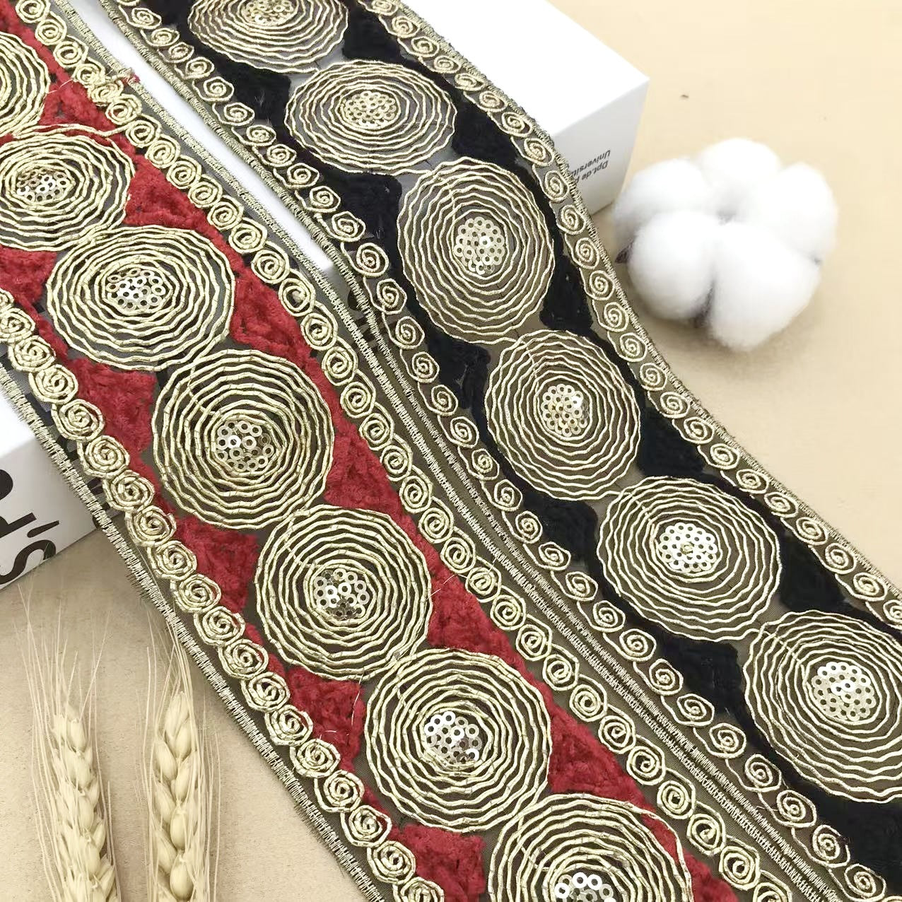 Black lace trim with circular Miao embroidery and spiral edge, 6.5 cm wide