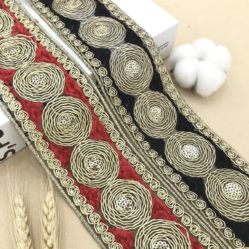 Black lace trim with circular Miao embroidery and spiral edge, 6.5 cm wide