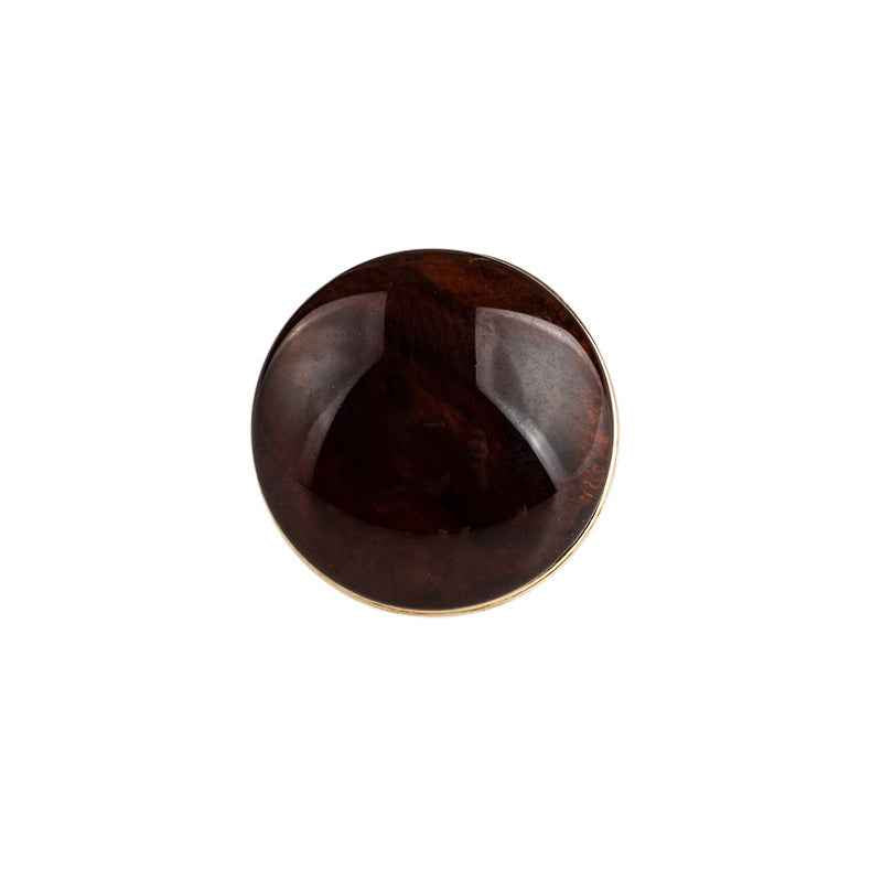 Dark burgundy round resin button with metal backing and shank