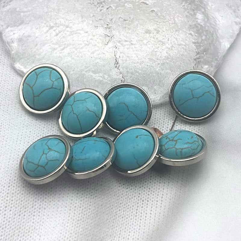 Vintage-style turquoise round buttons with cracked stone pattern and silver edges