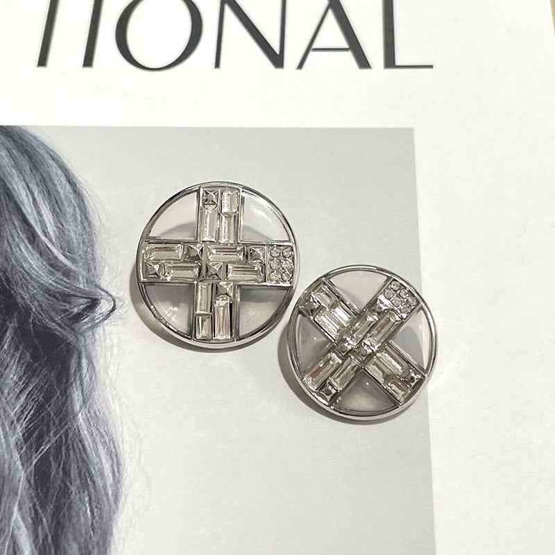 Silver cross crystal rhinestone button with metal shank, round face