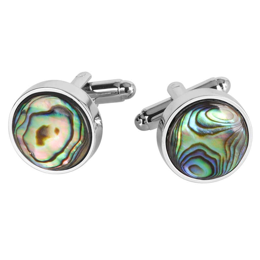 Round abalone-pattern seashell cufflinks with iridescent green-blue, silver-tone backs