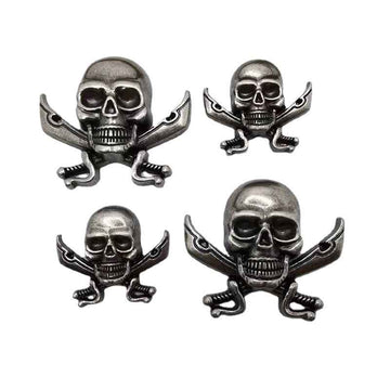 Metal skull rivet studs with dagger crossbones, silver-tone set of four