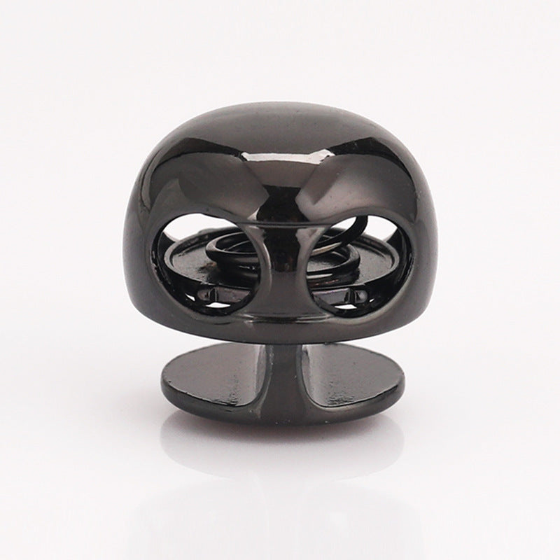 Black ball-shaped metal spring toggle stopper, front view with spring core visible