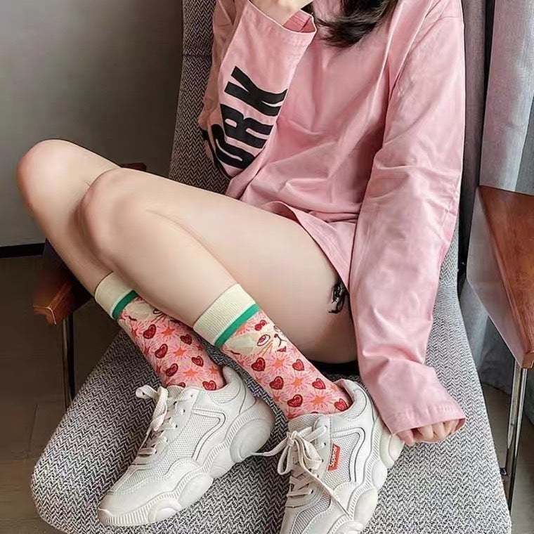 French Illustration Cartoon Cat Crew Socks Pink Kawaii Mid-High 6-Pack