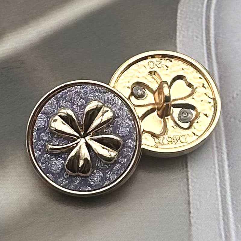 Two-Tone Clover Metal Shank Buttons, lila & gold round front/back, 12pcs