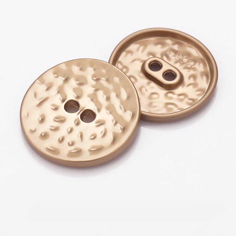 Sand gold textured 2-hole metal buttons, front and back view, two-hole design