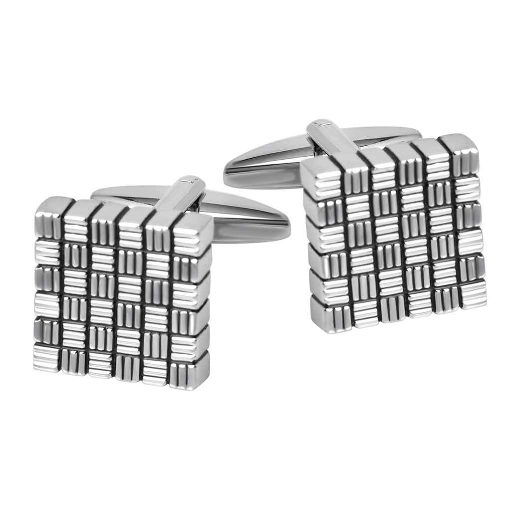 Square striped cufflinks in silver with black oil finish, detailed grid pattern