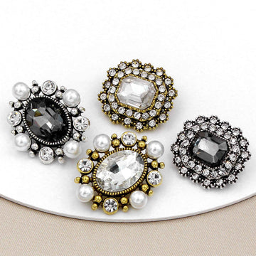 Vintage Glas-Strassknöpfe mit Perlen, gold- und silberfarben, eckig