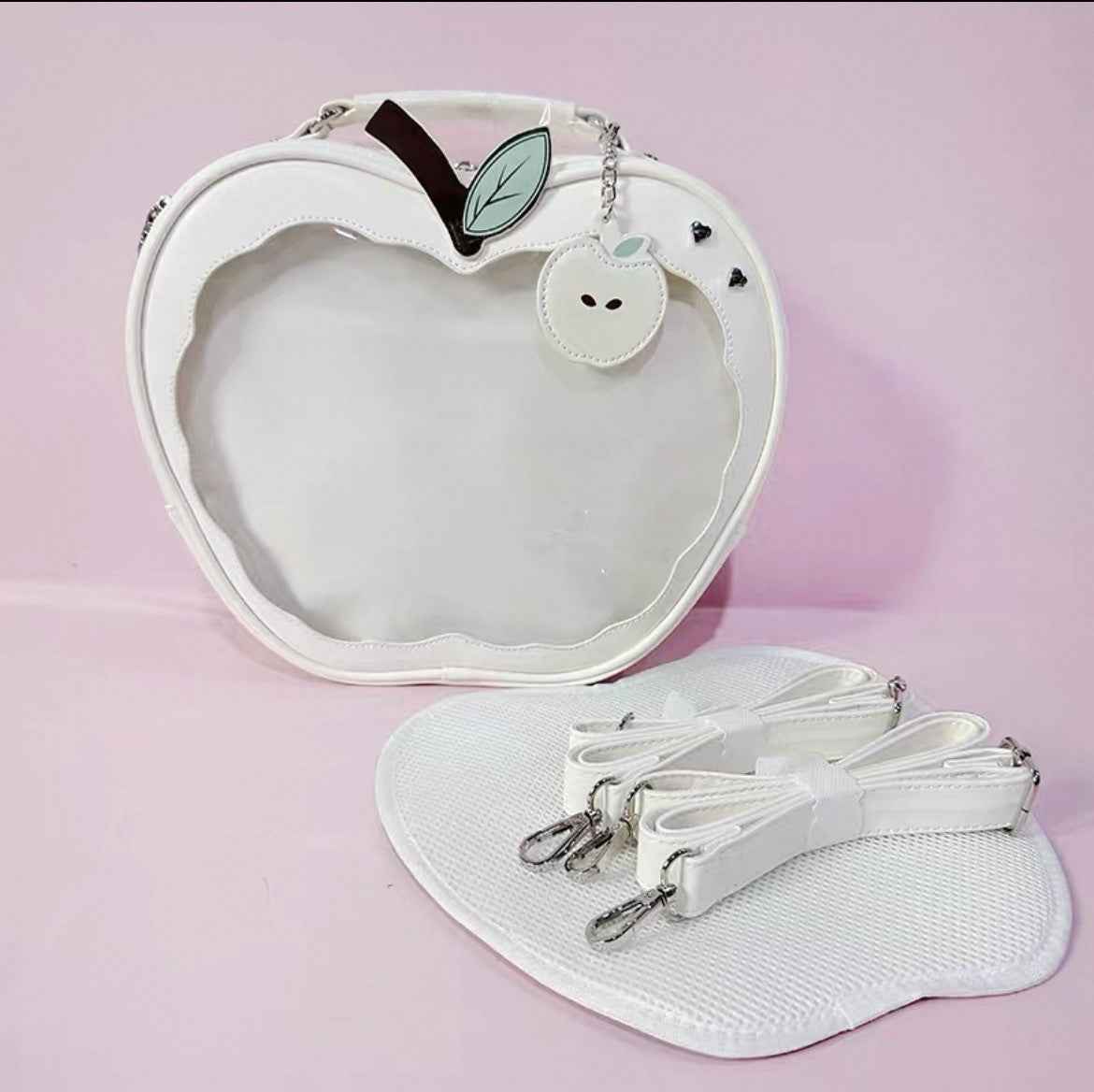 Apple-Shaped Ita Bag - Crossbody and Backpack for Pins and Badges White