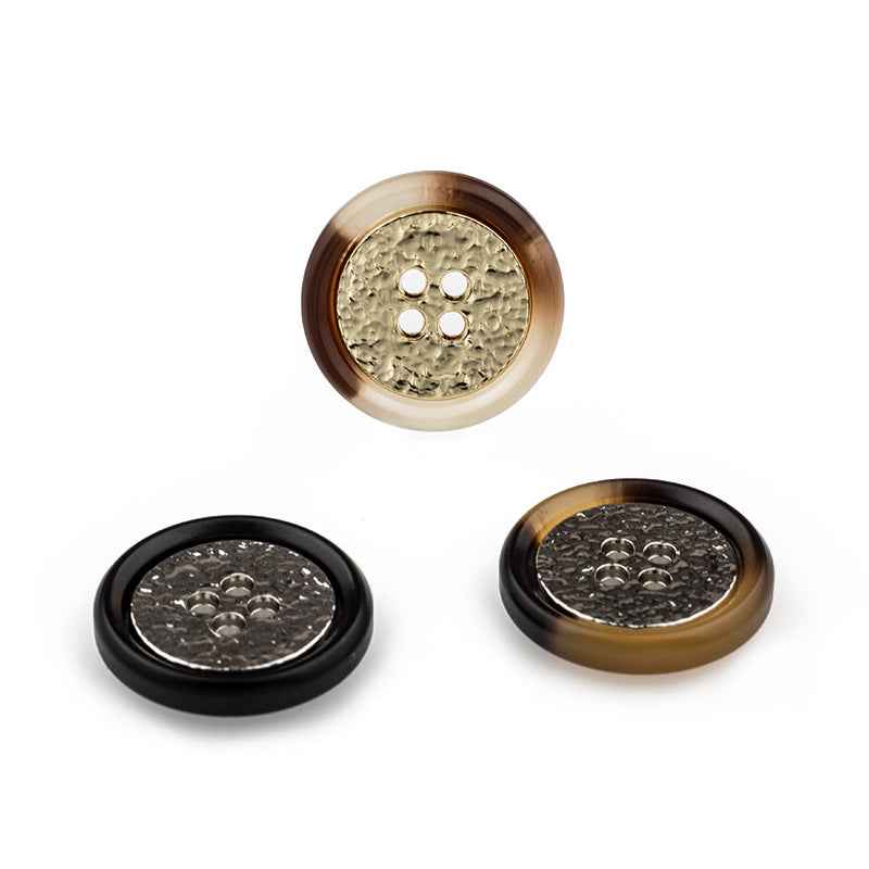 Round 4-hole resin-metal combo buttons, beige, brown and black set (multiple pieces)