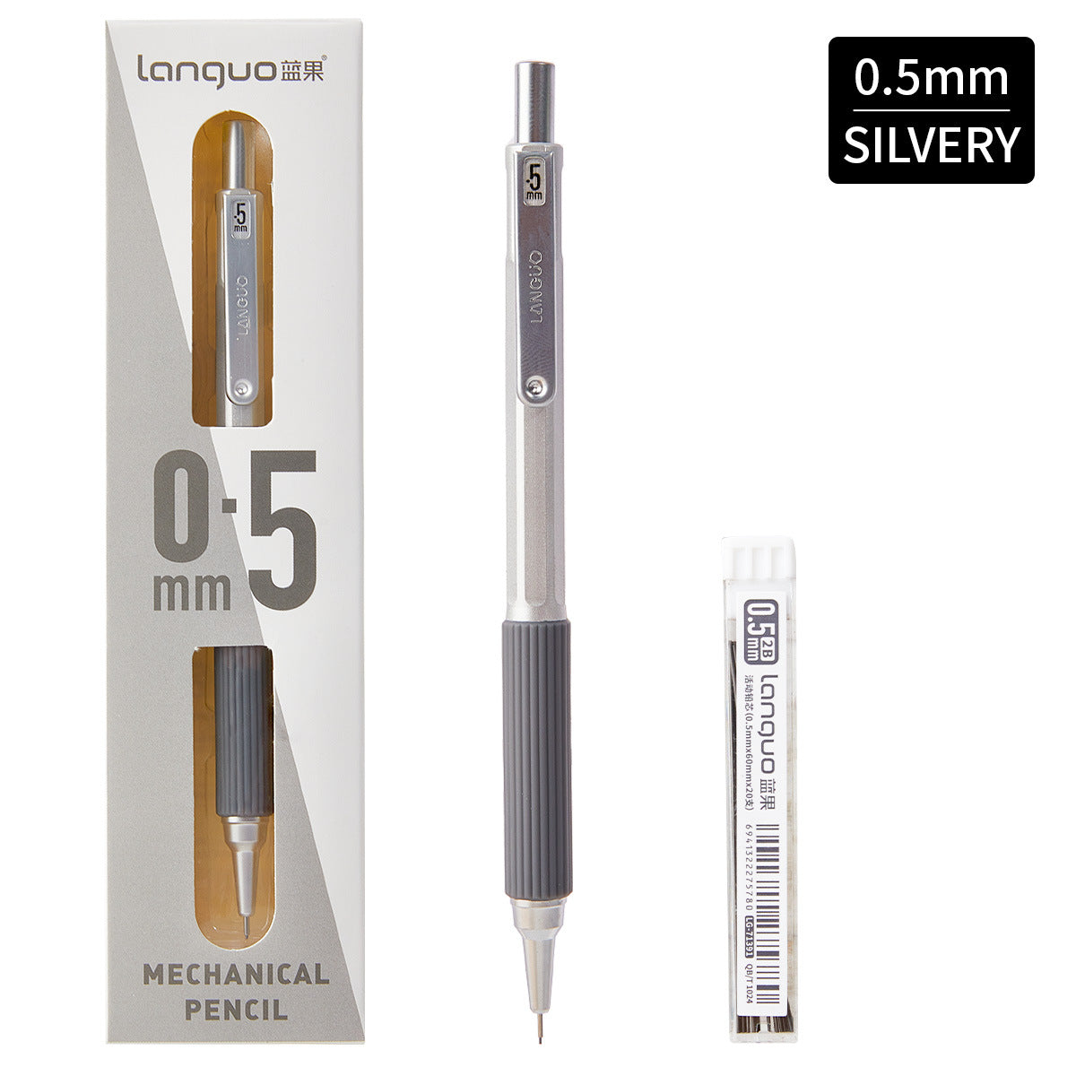 Low-Center Gravity Metal Mechanical Pencil with Leads Set 0.3mm/0.5mm Silver 0.5mm
