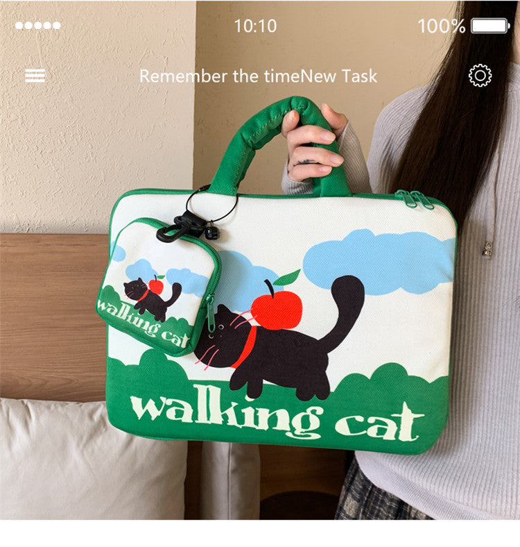 Green Walking Cat Laptop Sleeve 11-14 inch 2-Piece Set