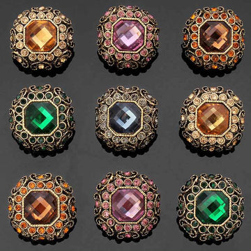 Rhinestone coat shank buttons, gold-tone frames with amber, pink, orange, green and blue-grey stones