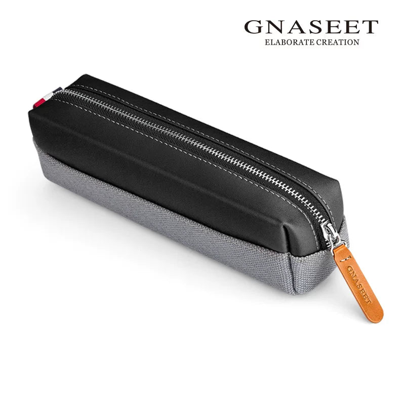 GNASEET Genuine Leather & Canvas Pencil Case – Large Capacity 20-Pen Student Stationery Pouch | 200x48x55mm Orange