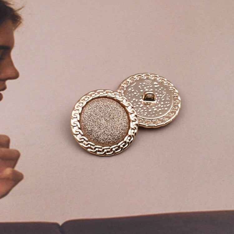Gold sequin shank button, fabric-covered round front with chain-style edge (18/23/25mm)