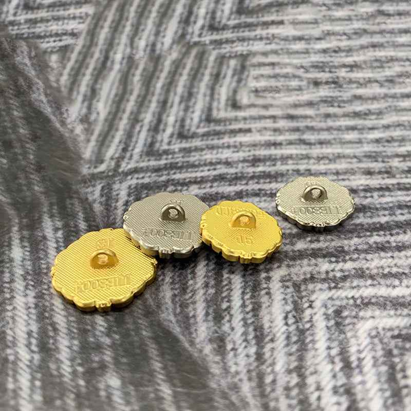 Back view of Chinese knot motif metal buttons with shank holes, matte gold and silver.