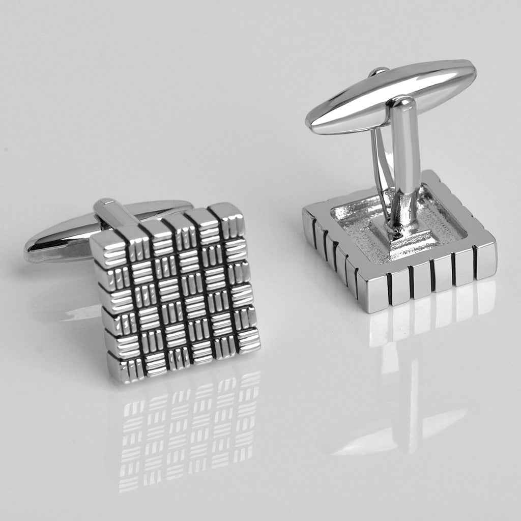 Square striped cufflinks in silver with black oil finish, detailed grid pattern