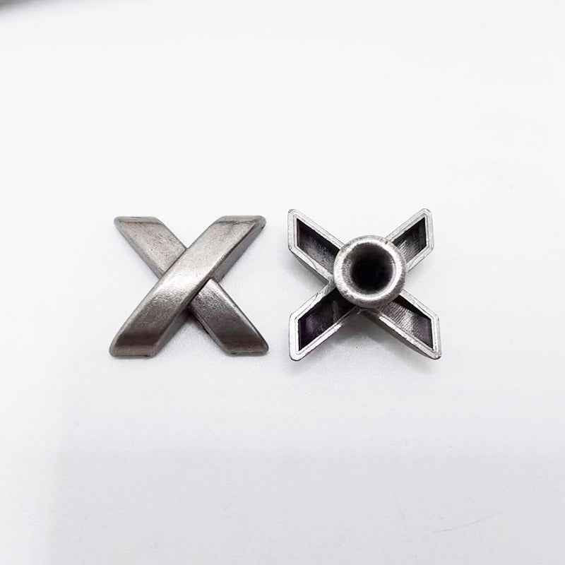 Antique silver X-shaped metal rivet studs with circular center for leather