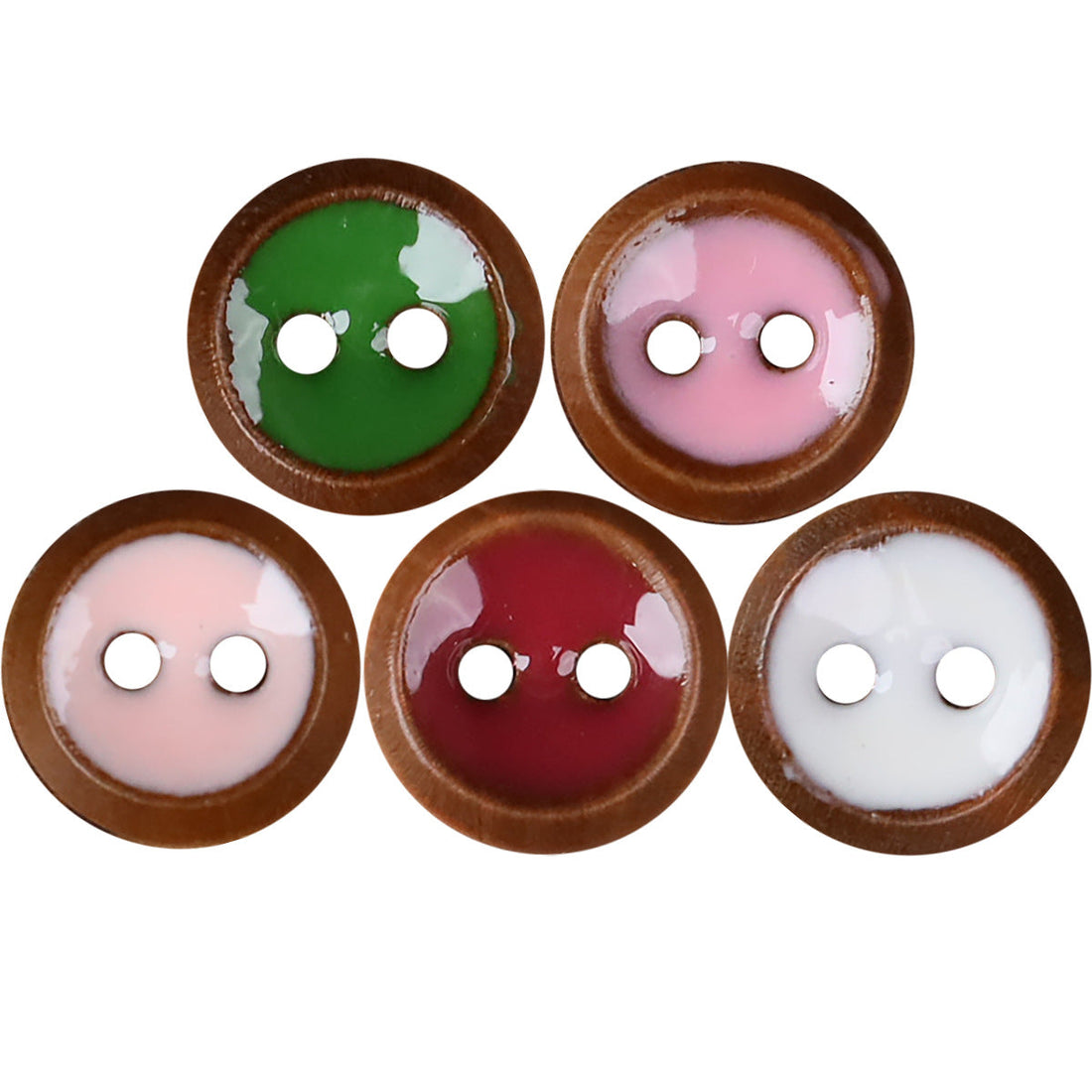 Round 2-hole wood shirt button with green resin front and natural wood edge