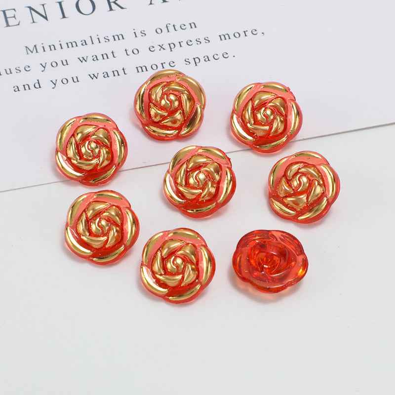 12.5mm acrylic rose buttons, red and gold iridescent swirl design