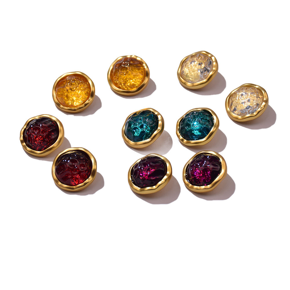 Assorted resin gemstone buttons in teal, burgundy, bright red, and gold tone rims (12)