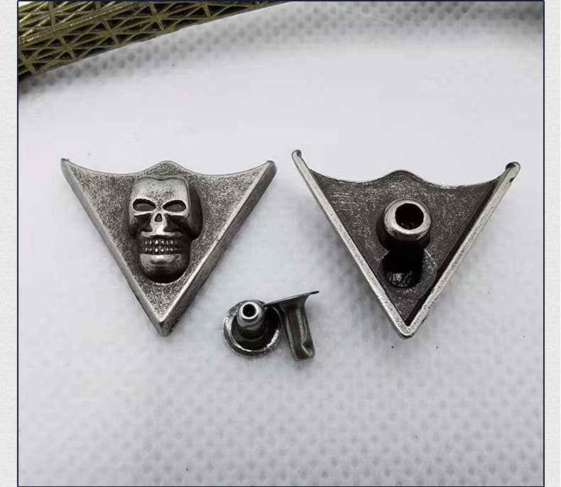 Vintage silver skull rivet studs: 2 triangular plates and 2 round dome studs