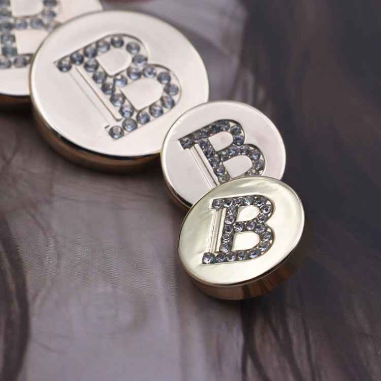 Gold letter B shank button with rhinestone B design, round metal back