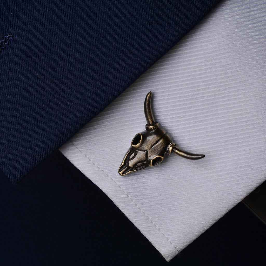 Bronze bull skull cufflinks for men, twin heads with curved horns