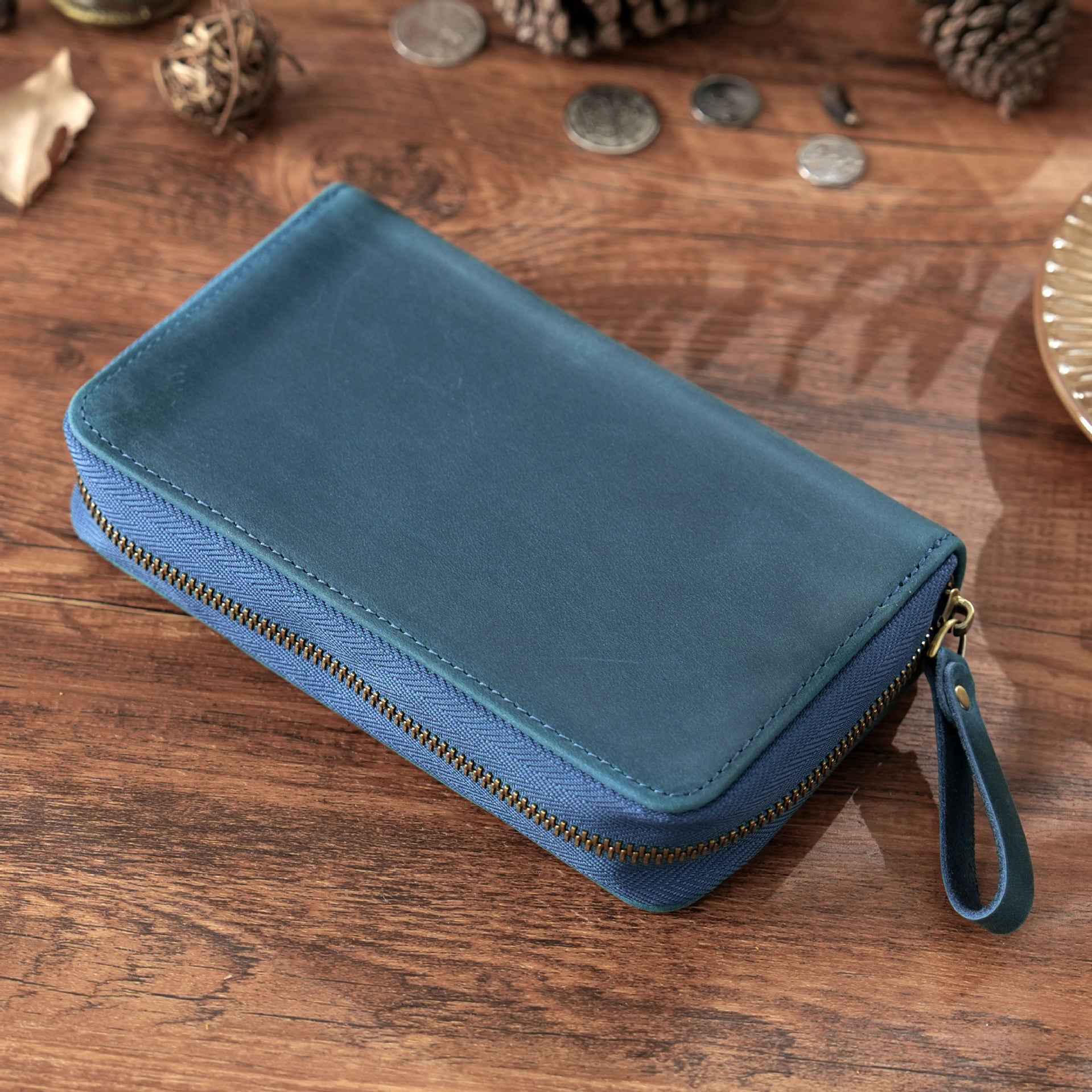 Leather Pen Case with 10 Slots – Full-Zip Fountain Pen Storage Pouch Blue