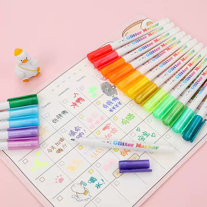 Guangna Glitter Markers Highlighter Pens Fine Point 12/24 Colors