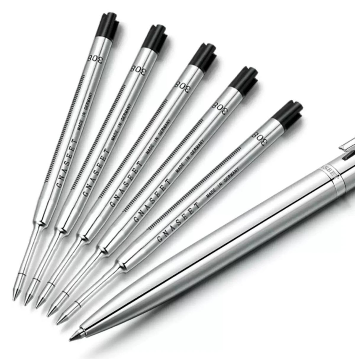 GNASEET Silver Chrome Metal Ballpoint Pen – Brass Cartridge, Polished Metal Body | 139x12x10mm