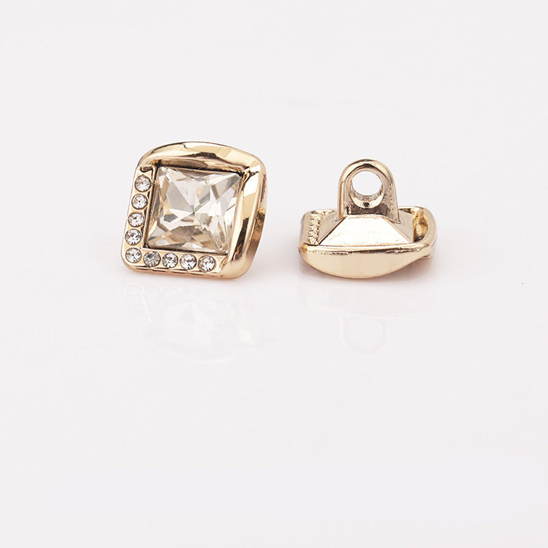 Gold square rhinestone shank button shown front and back with loop shank