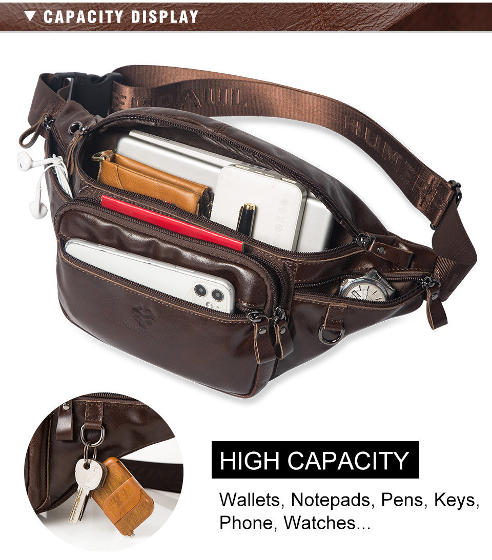 Men's Cowhide Waist Bag,Outdoor Sports Leather Sling Chest Pack