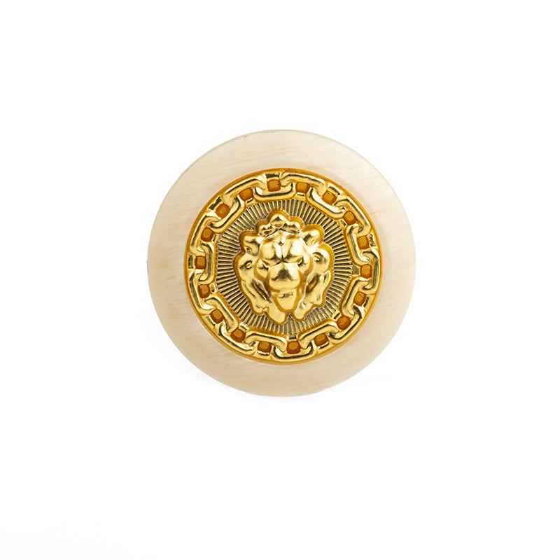 Beige round lion resin-metal button, gold lion crest, 2-hole look