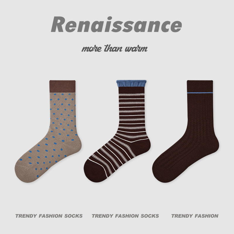 3-pack princess socks: beige blue polka dots, brown-and-white stripes, dark brown solid